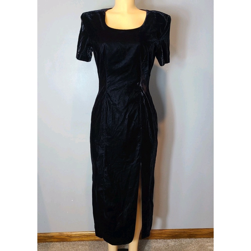 Vintage Black Velvet Wiggle Midi Dress Women Size Medium 90s LBD Luxury Whimsi